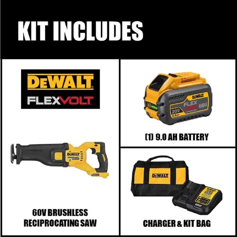 DEWALT DCS389X1 FLEXVOLT 60-Volt MAX Cordless Brushless Reciprocating Saw with (1) FLEXVOLT 9.0Ah Battery