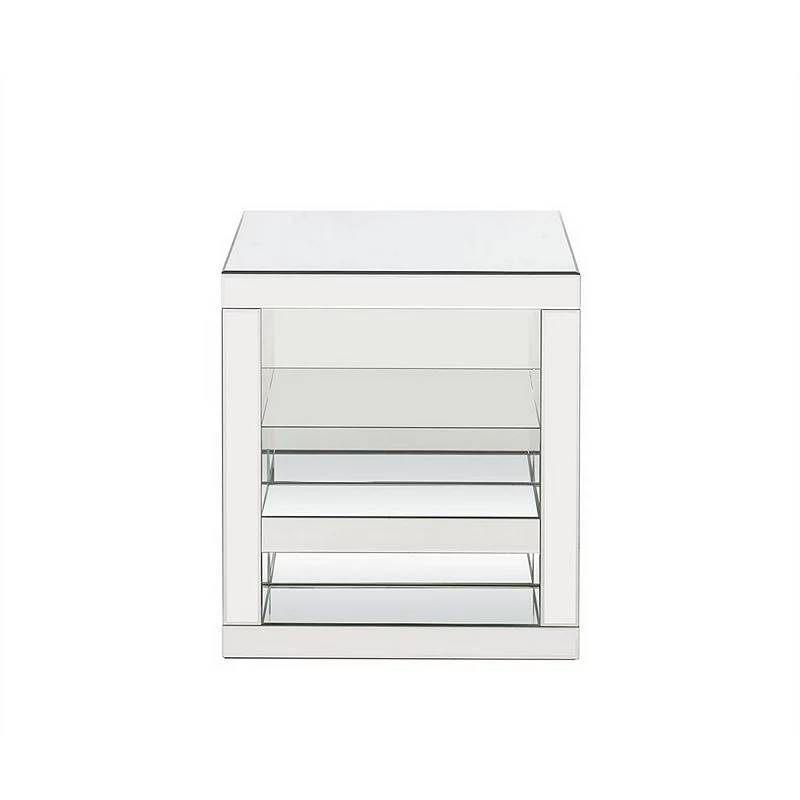 Accent Table with Mirrored Panels and C Shape， Silver