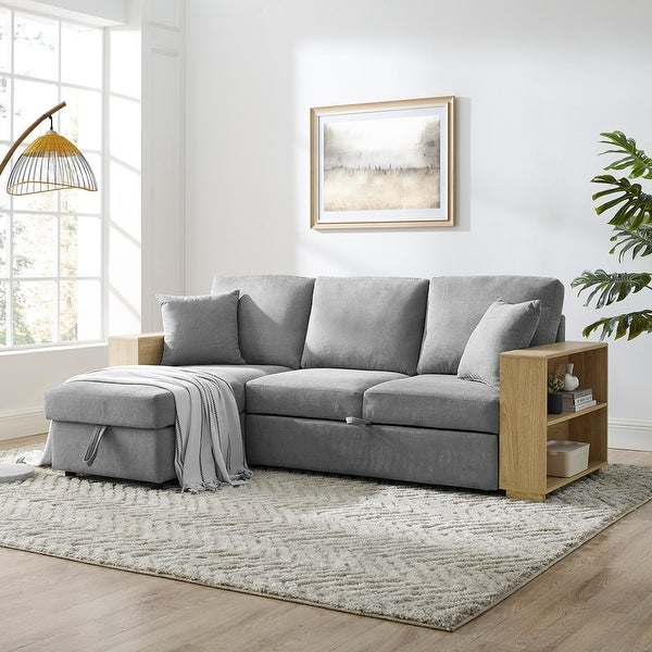 2 Seats Sofa and Reversible Chaise with Storage， MDF Shelf Armrest