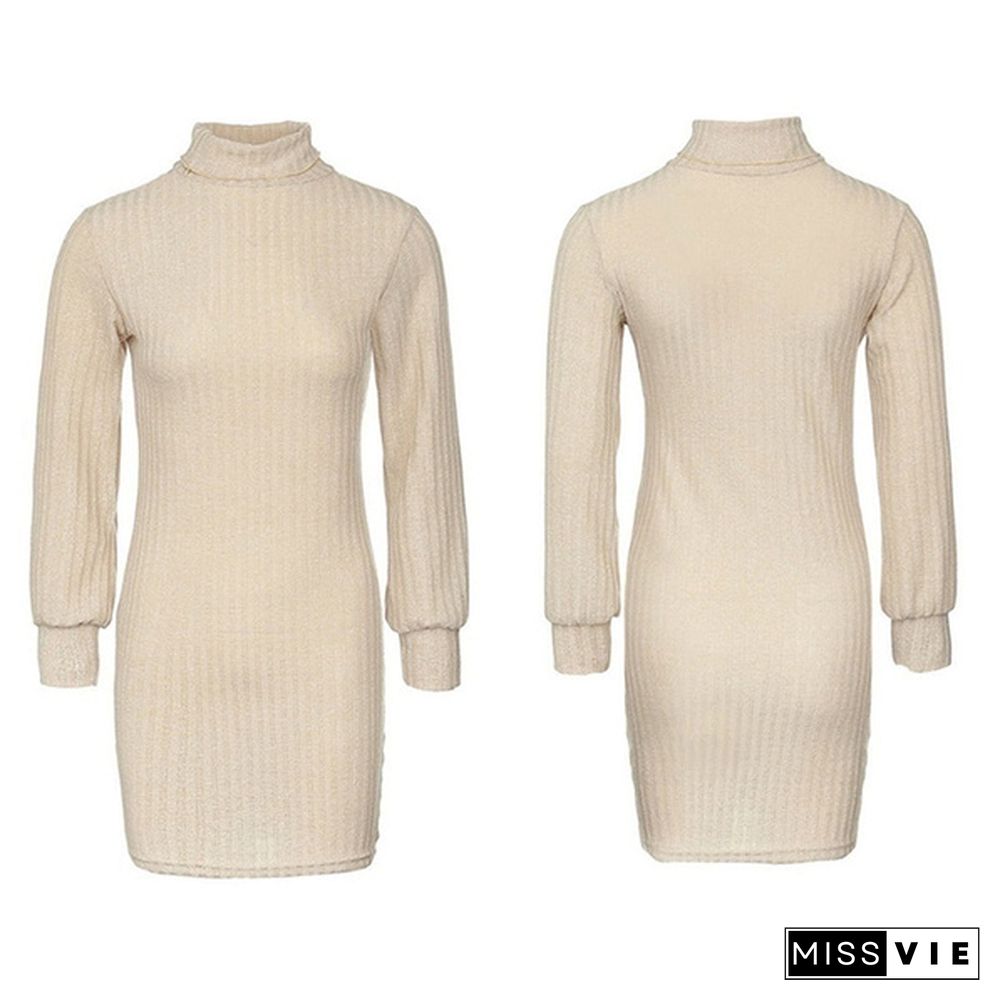 Women Autumn and Winter Long Sleeve Knitted Sweater Dress Ladies Fashion Keep Warm Knitting High Collar Slim Fit Bottoming Mini Knitting Dress