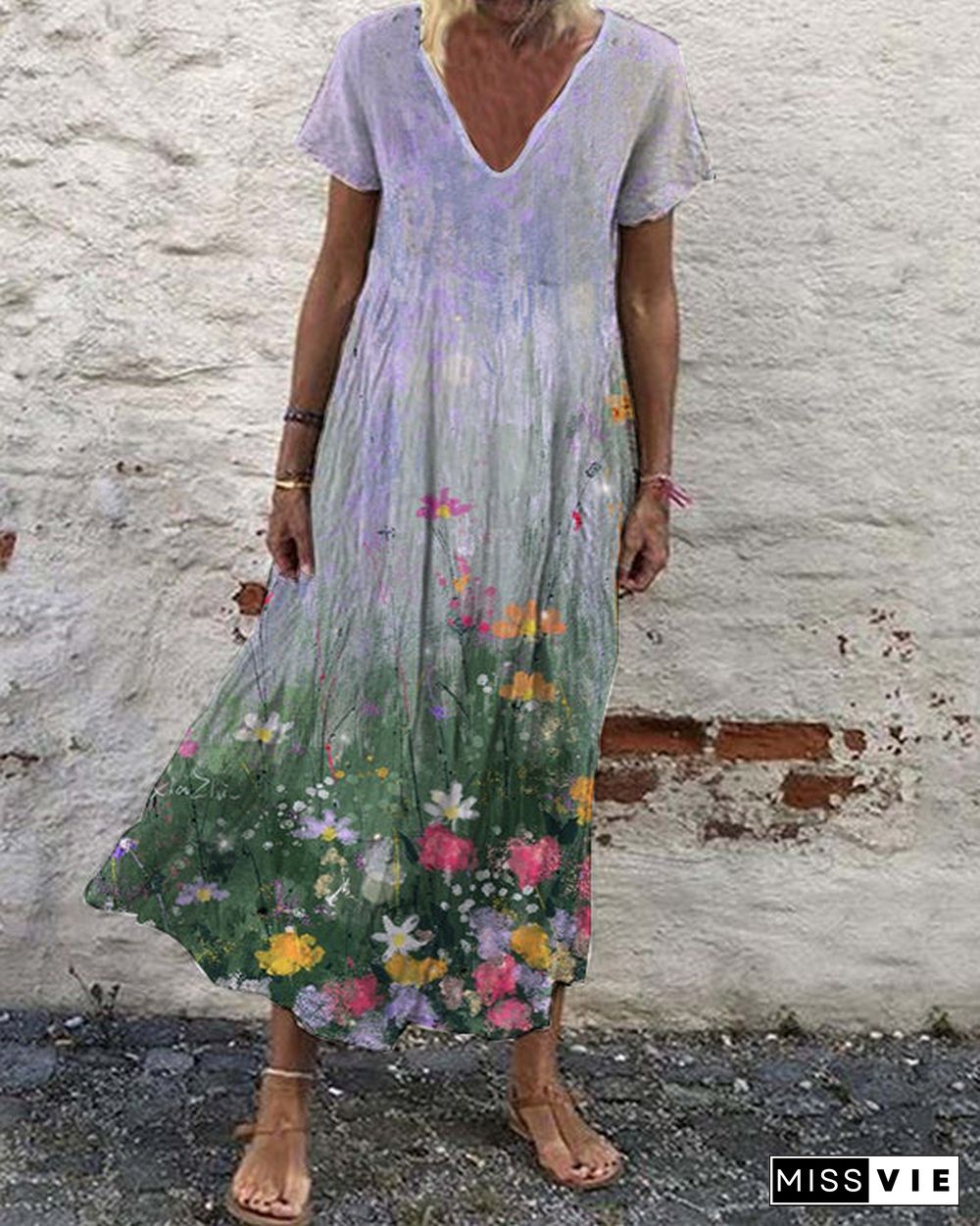 Casual Vintage Print Loose V-Neck Short Sleeve Maxi Dress