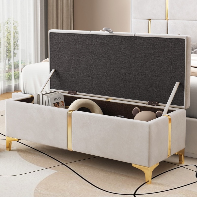 Elegant Style Large Upholstered Storage Ottoman  Storage Bench with Metal Legs  Modern Bed End Bench