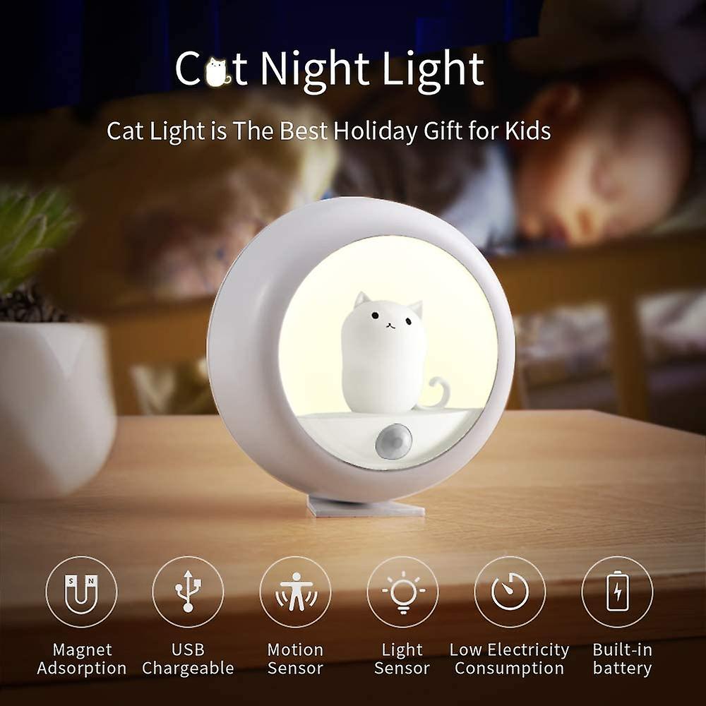 Packet Night Light (white) Motion Sensor Night Light， Warm White Usb Rechargeable Bedside Lamp， Magnetic Cat Lamp For Closet Bedroom Bathroom Staircas