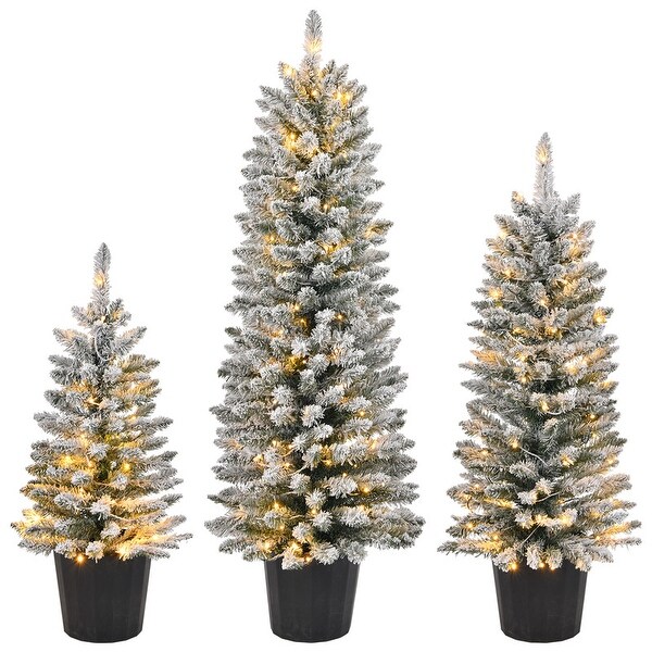 3 Set (3/4/5 Ft) Snow Flocked Artificial Christmas Trees with Warm Lights