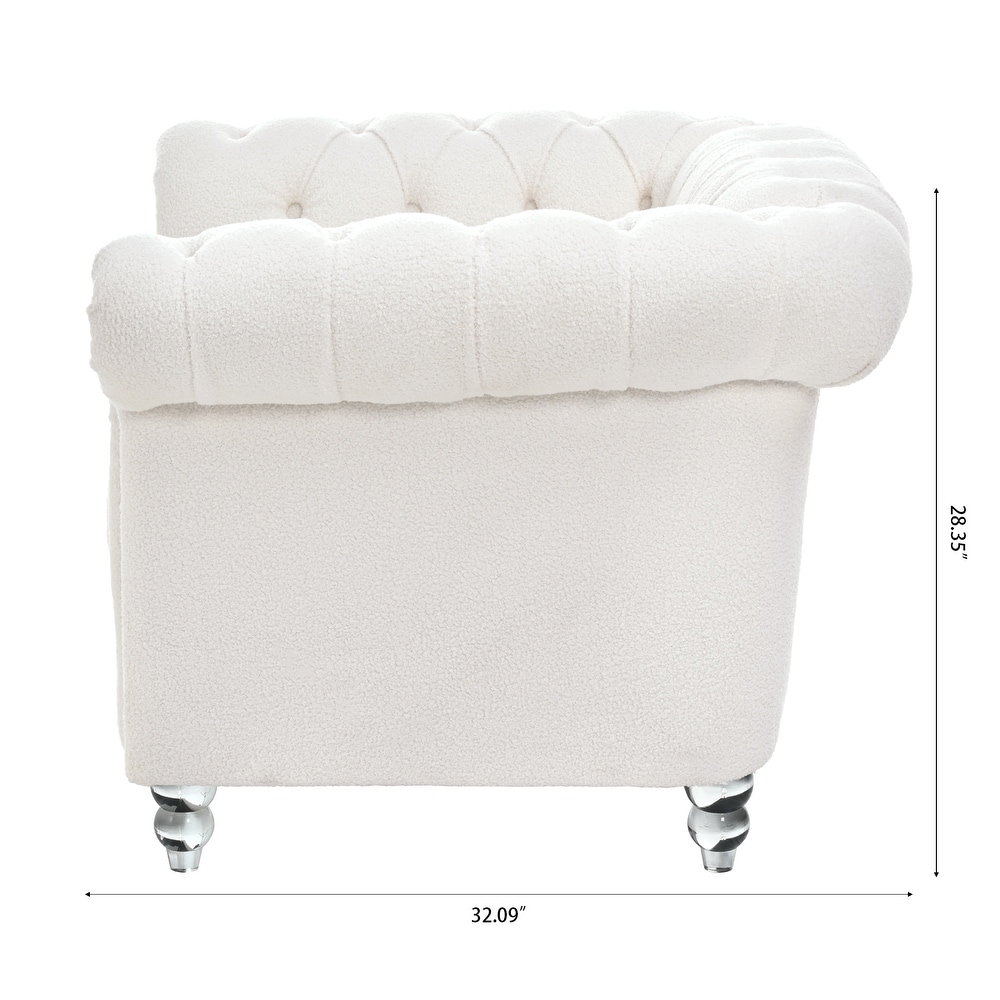 Livingroom Accent Chair  1 Seater Teddy Velvet Cover Sofa Armchair Rolled Arms Chair Lounge Chairs with Nailheads  White