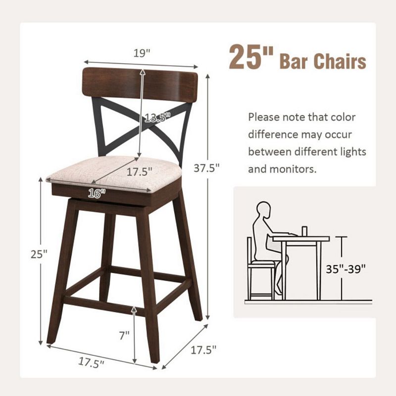 Hivago  Set of 2 Wooden Swivel Bar Stools with Cushioned Seat and Open X Back