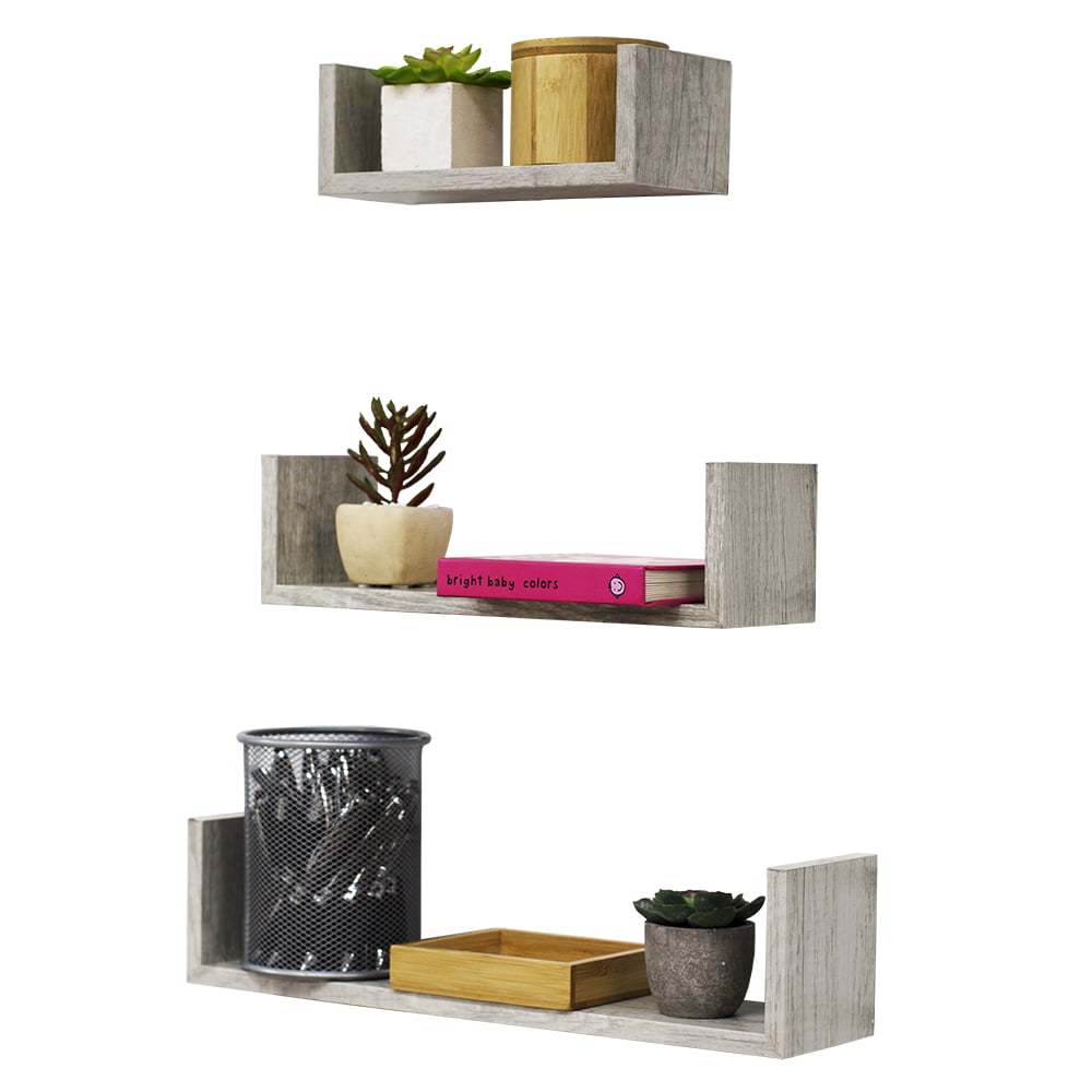 Home Basics Floating Wood Shelf, (Set of 3), Grey