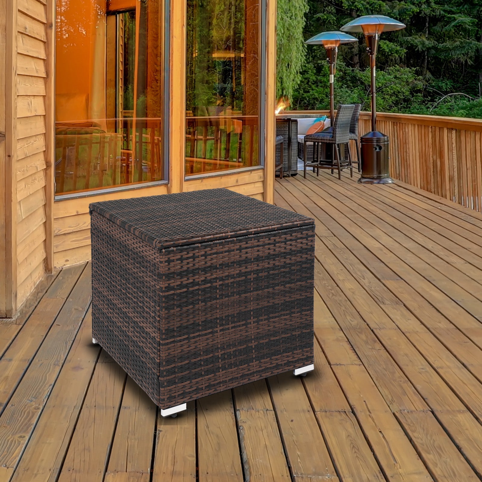 VINGLI 88 gallon Outdoor Square Rattan Deck Box w/ Adjustable Feet, Brown