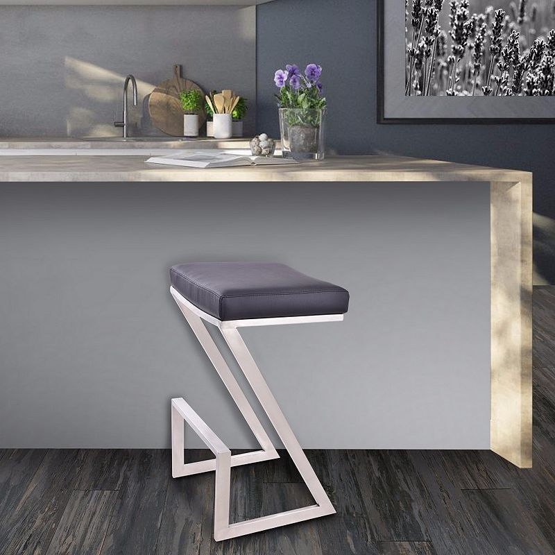 Z Shaped Metal Backless Barstool with Padded Seat， Silver and Black