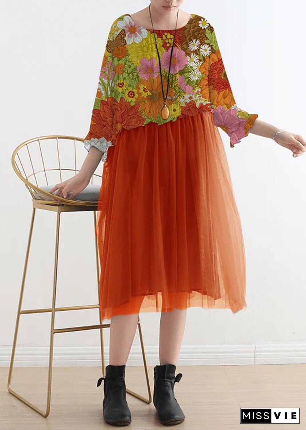 orange flower Tull Maxi dresses patchwork chiffon Summer Dresses