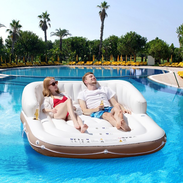 Costway Floating Island Inflatable Swimming Pool Float Lounge Raft With Canopy Spf50 Retractable Detachable Sunshade With Two Cup Holders White