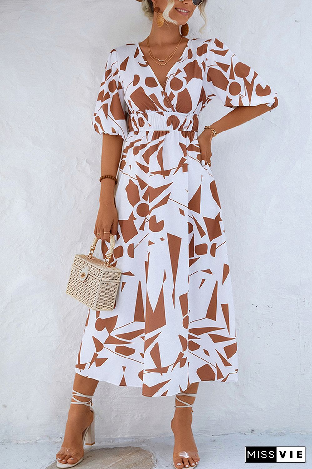 Wrap V Neck Geometric Print Bubble Sleeves Maxi Dress