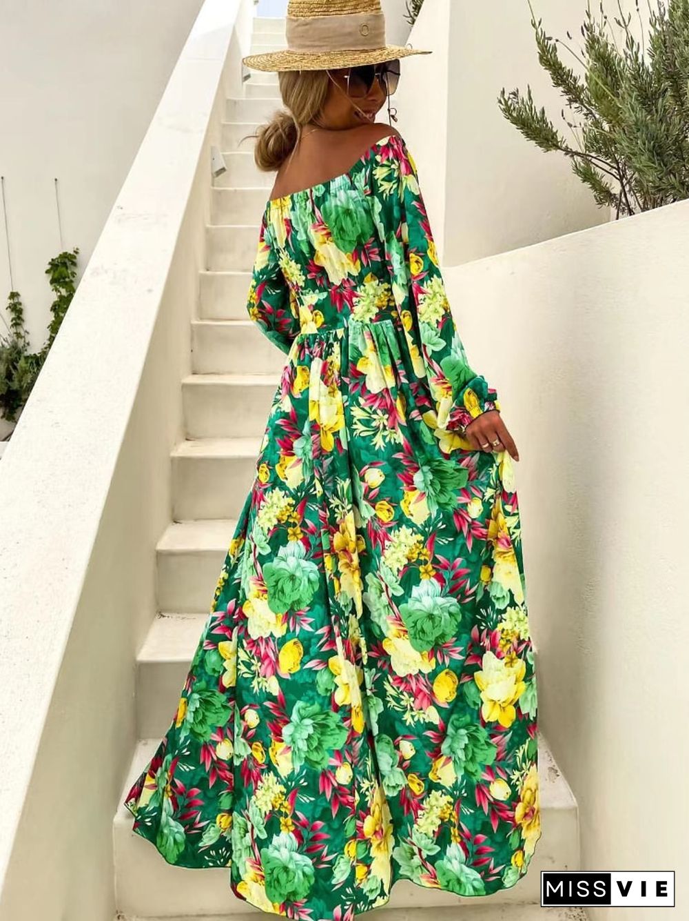 Spring Summer New Women's Fashion Print Dress Off-shoulder Neckline High-waisted Split Skirt Bohemian Beach Style Holiday Skirt