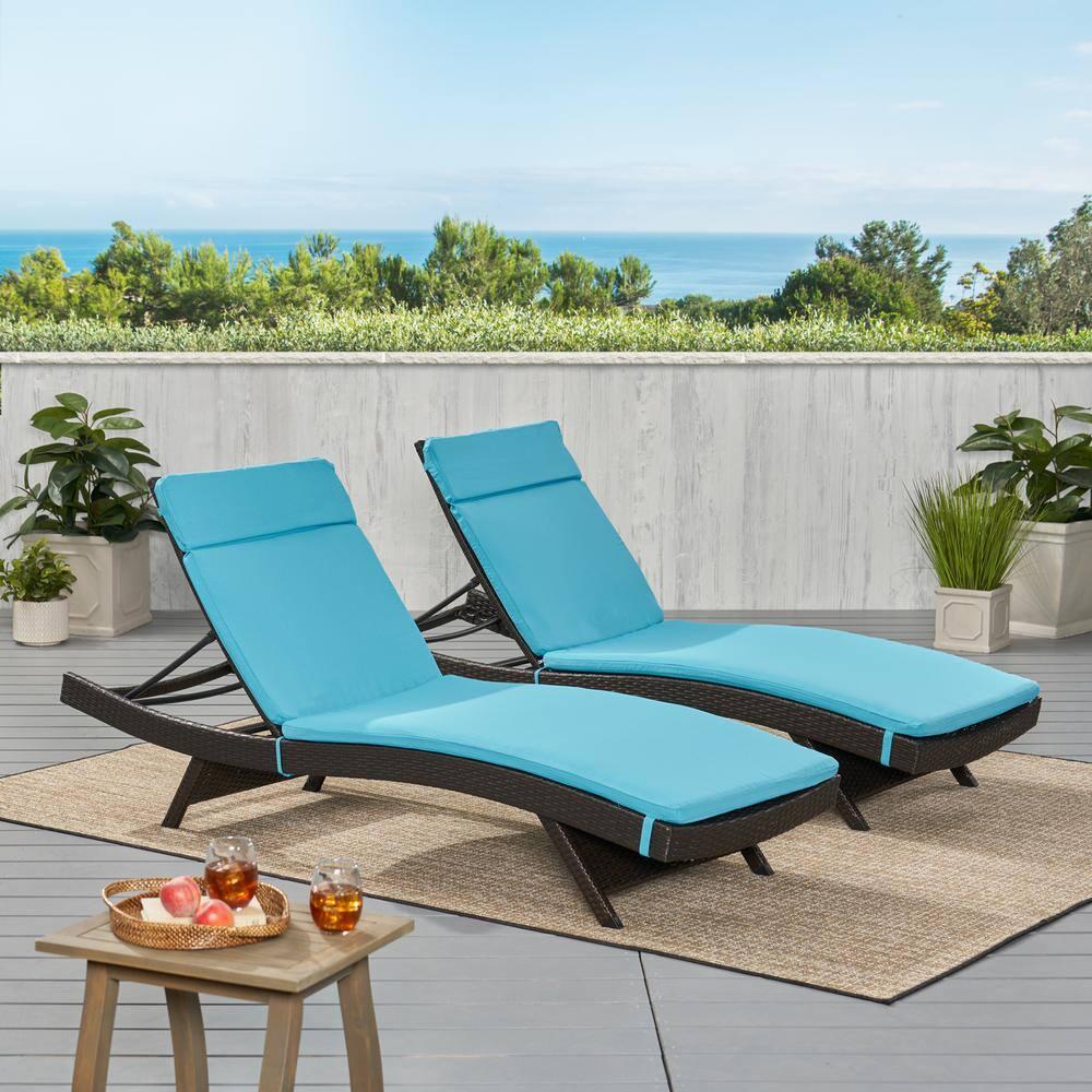 Noble House Salem MultiBrown 4Piece Wicker Outdoor Chaise Lounge with Blue Cushions