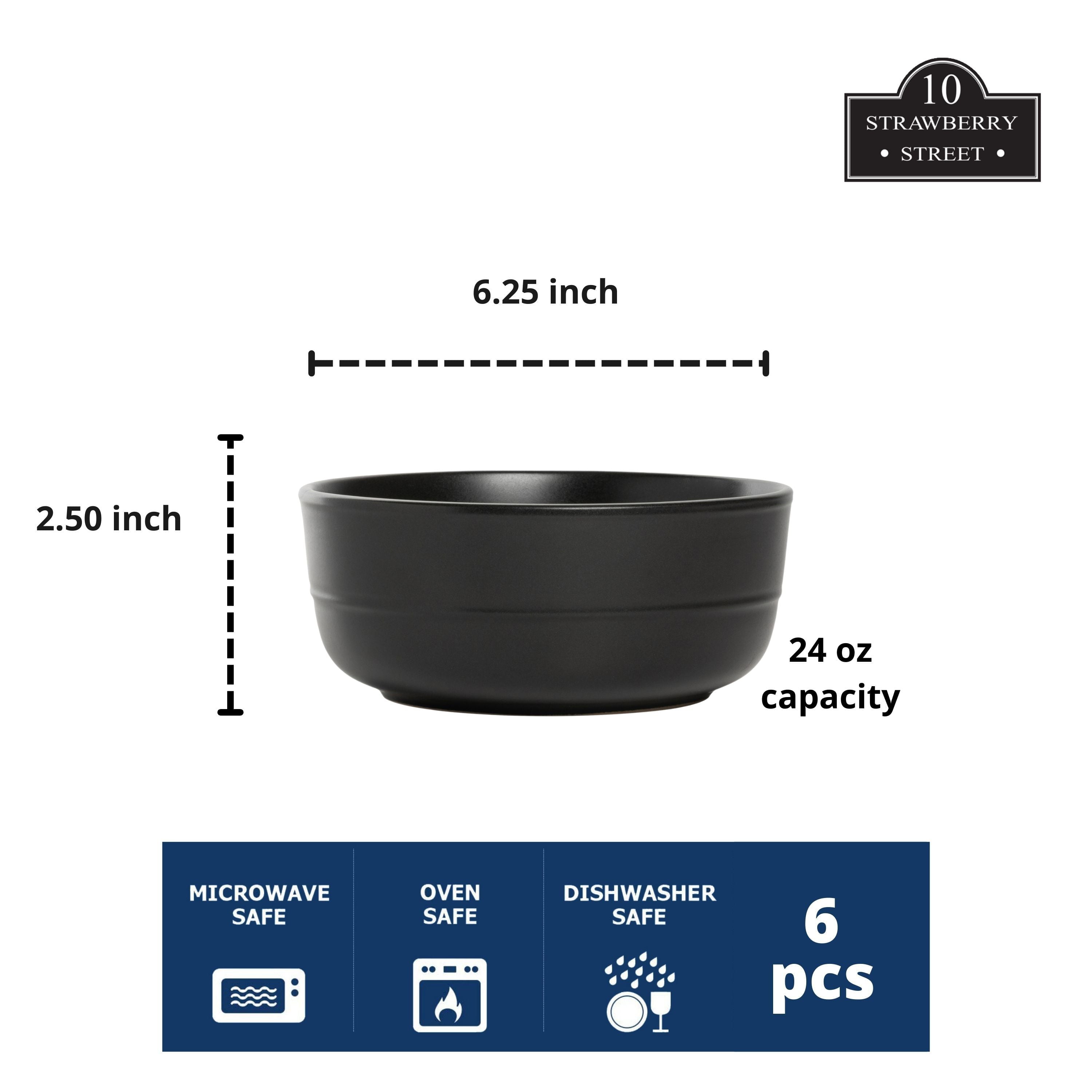 10 Strawberry Street Double Line 6.25/24 oz Round Cereal Bowl， Set of 6， Matte Black