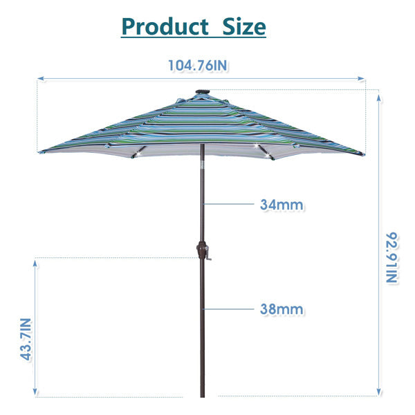 Outdoor Patio 8.7-Feet Market Table Umbrella with Push Button Tilt and Crank, Blue Stripes With 24 LED Lights[Umbrella Base is not Included]