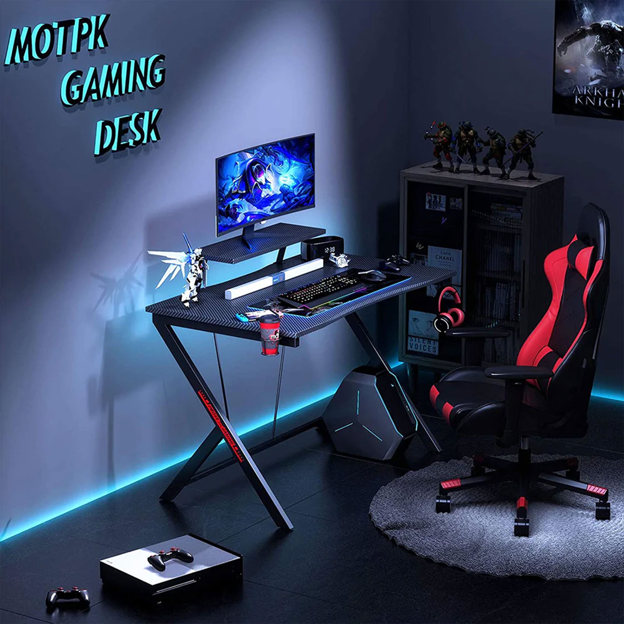 39 Inch Carbon Fiber Computer Gaming Desk with Raised Monitor Shelf