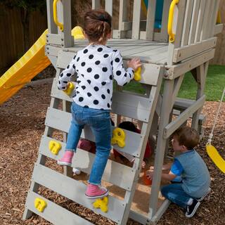 KidKraft Seacove Wooden Playset with Table  Bench Slide and Rock Wall Blue and Yellow F29075