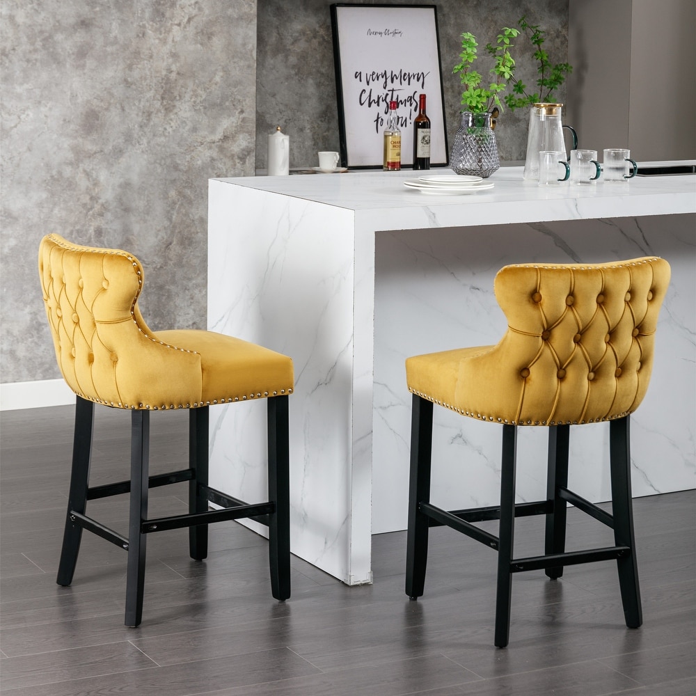 Contemporary Velvet Bar Upholstered Wing Back Barstools with Button Tufted Decoration and Wooden Legs  Set of 4