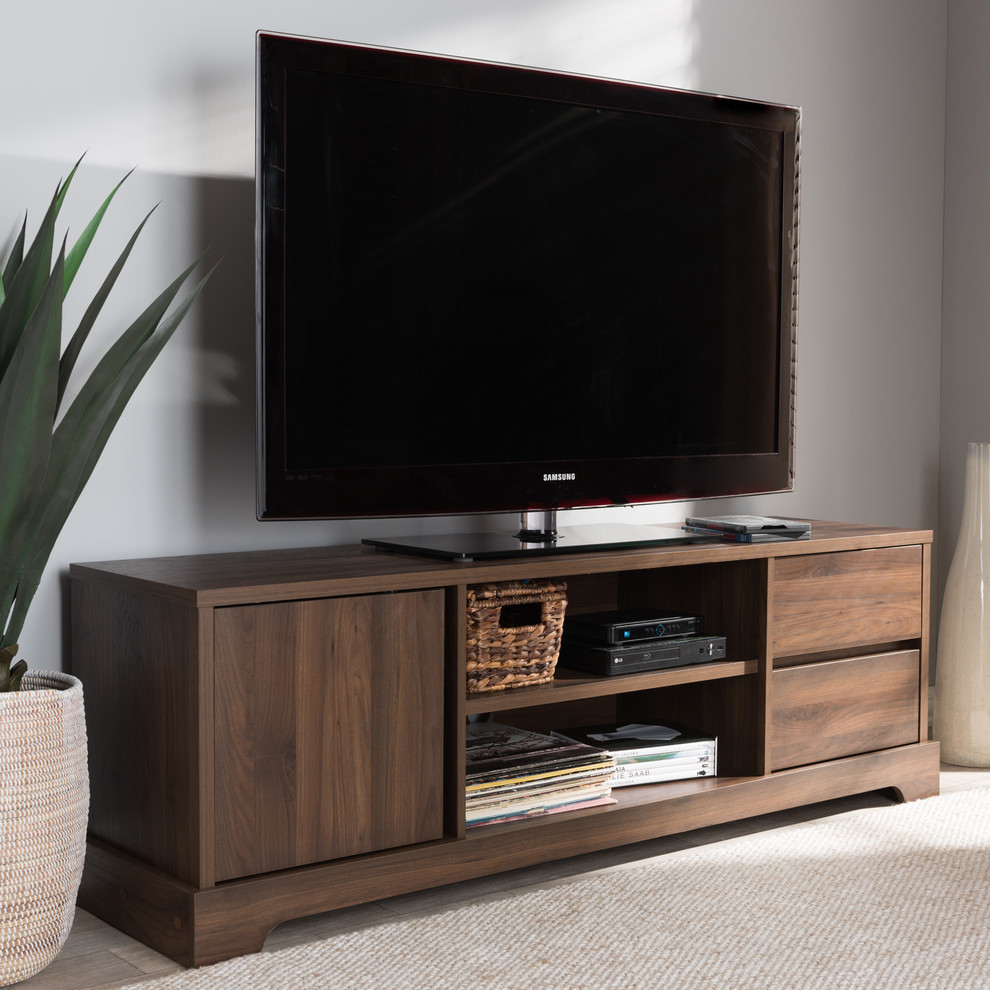 Burnwood Modern and Contemporary Walnut Brown Finished Wood TV Stand   Transitional   Entertainment Centers And Tv Stands   by Ezmod Furniture  Houzz