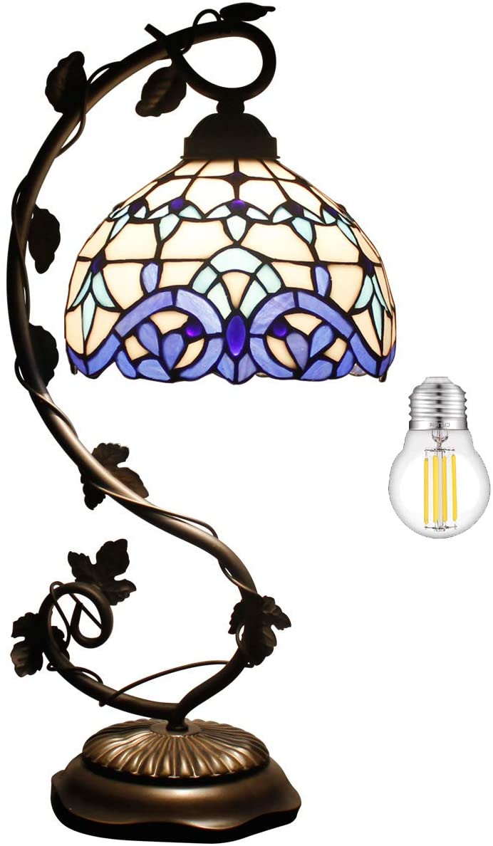 SHADY  Style Lamp White Blue Stained Glass Table Lamp Reading Desk Light Metal Leaf Base 8X10X21 Inches Decor Small Space Bedside Bedroom Home Office S003B Series