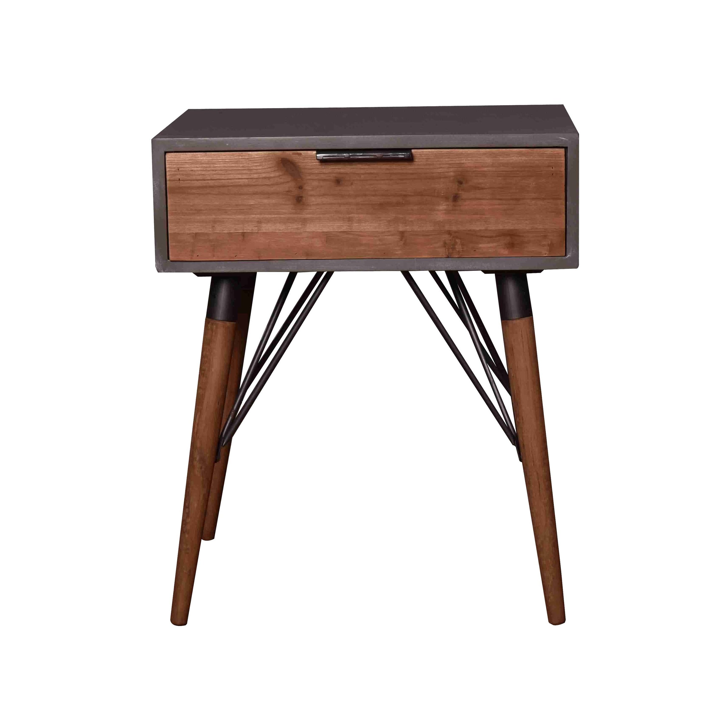 Wooden Side Table with Single Drawer and Angled Legs， Gray and Brown