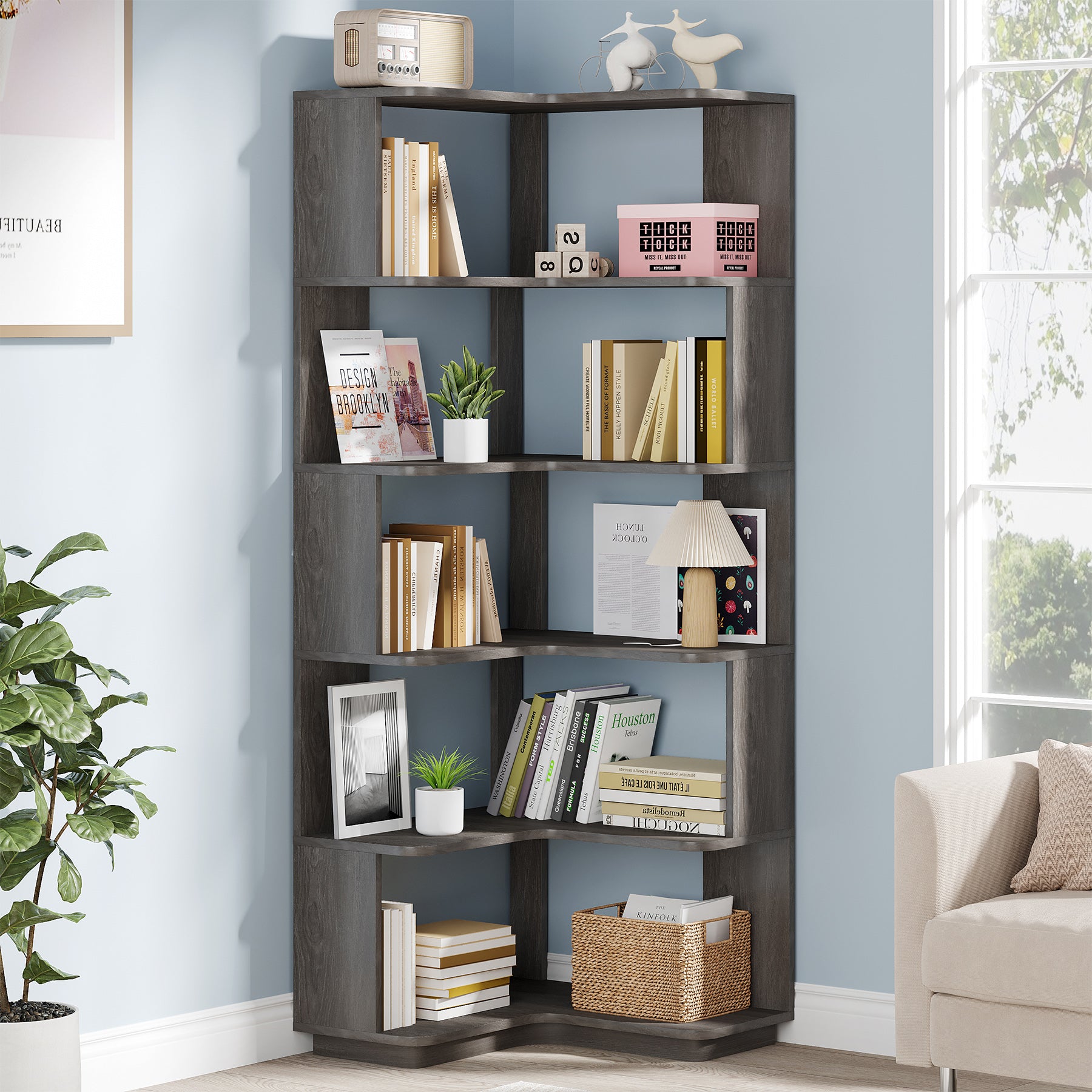 6-Tier Corner Bookshelf, 64.96 Corner Bookcase with Anti-Drop Panel