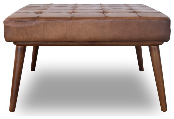 Pemberly Row Mid Century Modern Square Tufted Genuine Leather Ottoman in Tan   Midcentury   Footstools And Ottomans   by Homesquare  Houzz