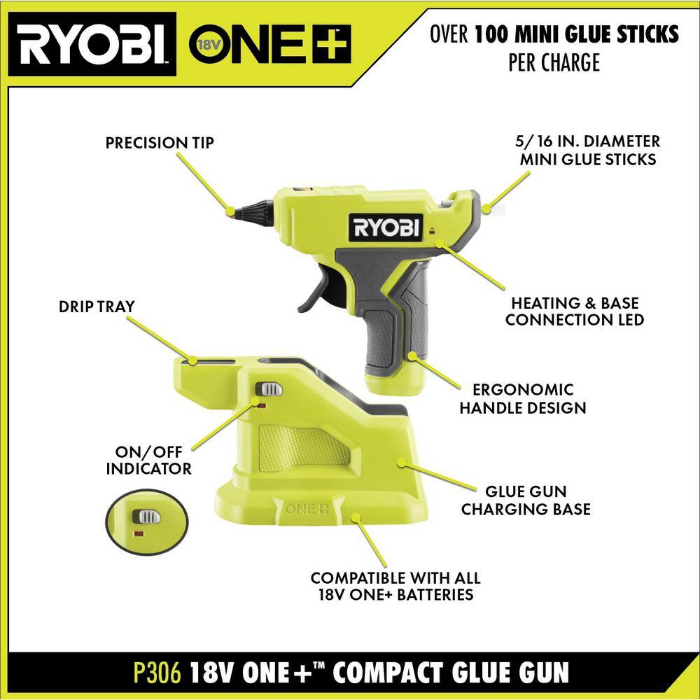 RYOBI ONE+ 18V Cordless Compact Glue Gun Kit with 1.5 Ah Battery and 18V Charger P306K1N