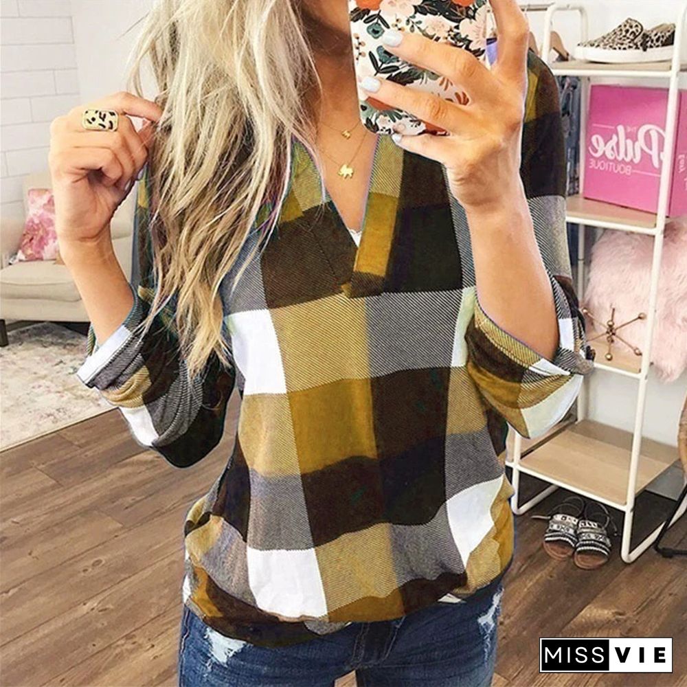 Best Selling Spring and Autumn Shirt Plaid Printed V-Neck Long Sleeve T-shirt