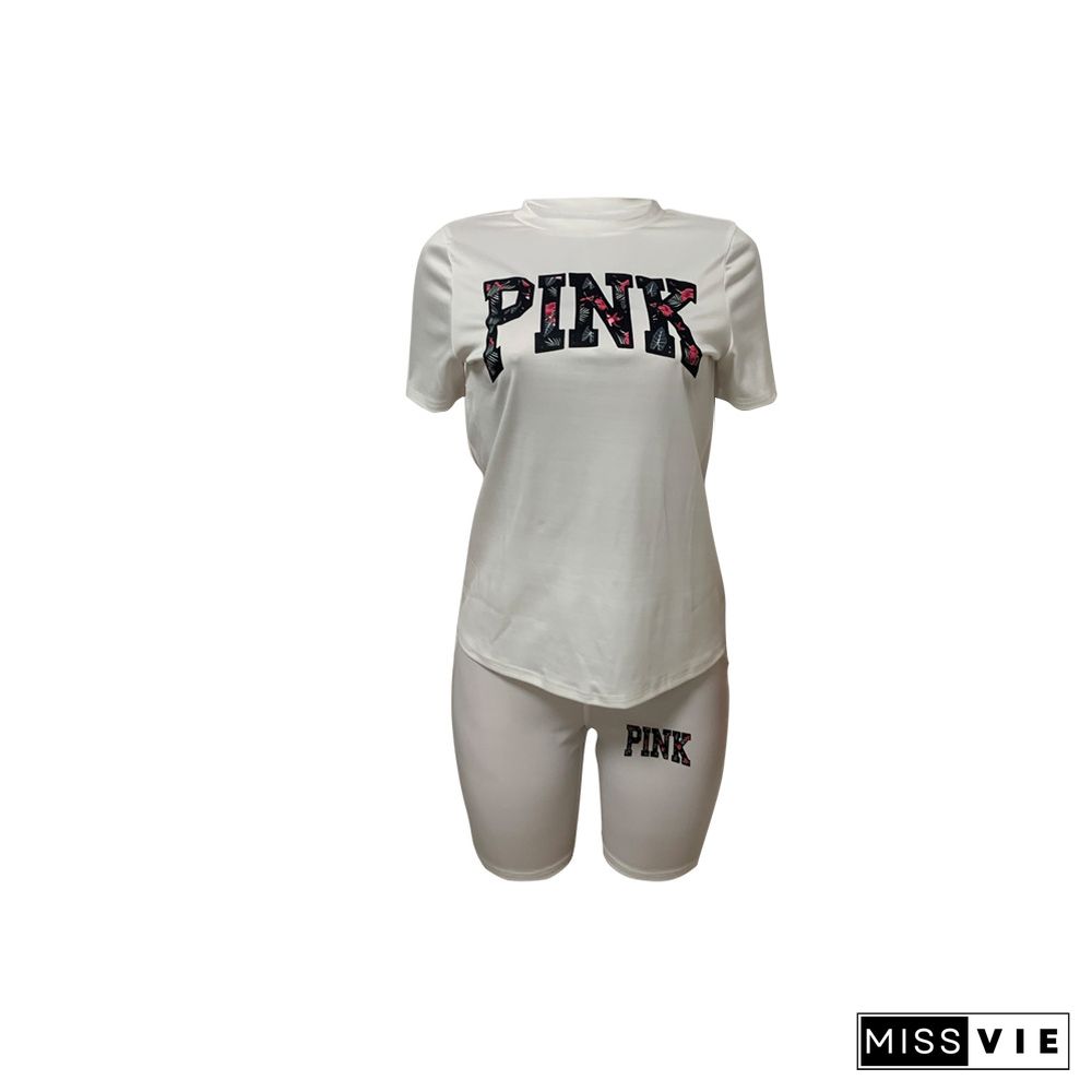 PINK Letter Short Sleeve T Shirt Biker Shorts Tracksuit