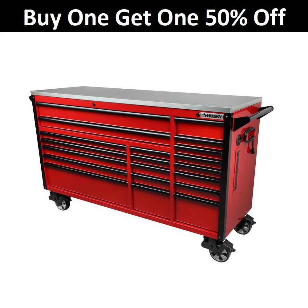 Husky 72 in. W x 24.6 in. D Professional Duty 20-Drawer Mobile Workbench Tool Chest with Stainless Steel Top in Red HPRO72MWC20BRD