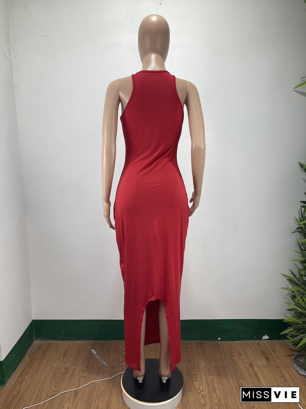 Fashion Solid Color Sleeveless O-Neck High Waist Summer Party Clubwear Outfit Bodycon Long Dress