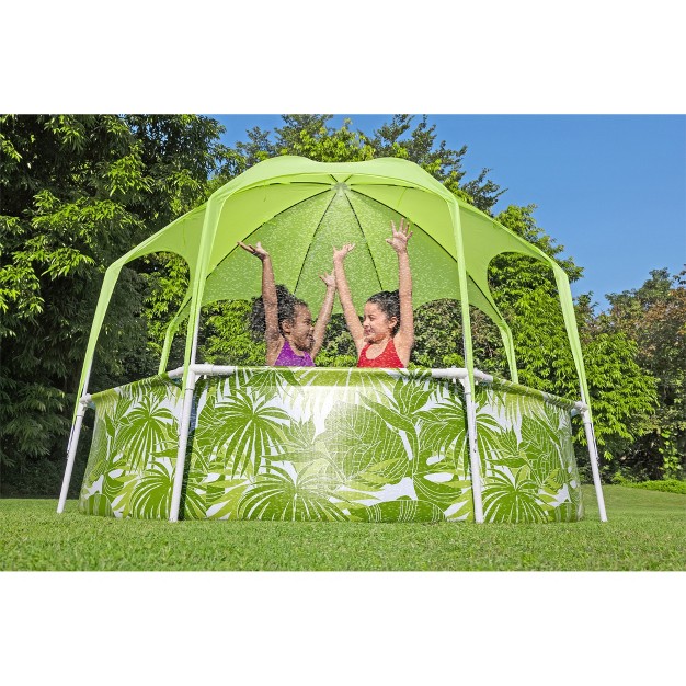 H2ogo Kids Splash in shade 8 foot Round Steel Frame Above Ground Pool With Water Mister And Canopy Sunshade Green Tropical Leaf Print