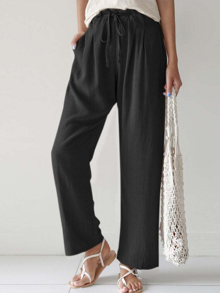 New Casual Ladies Solid Color Straight Leg Elastic Waist Cotton Linen Pants Women's Clothing