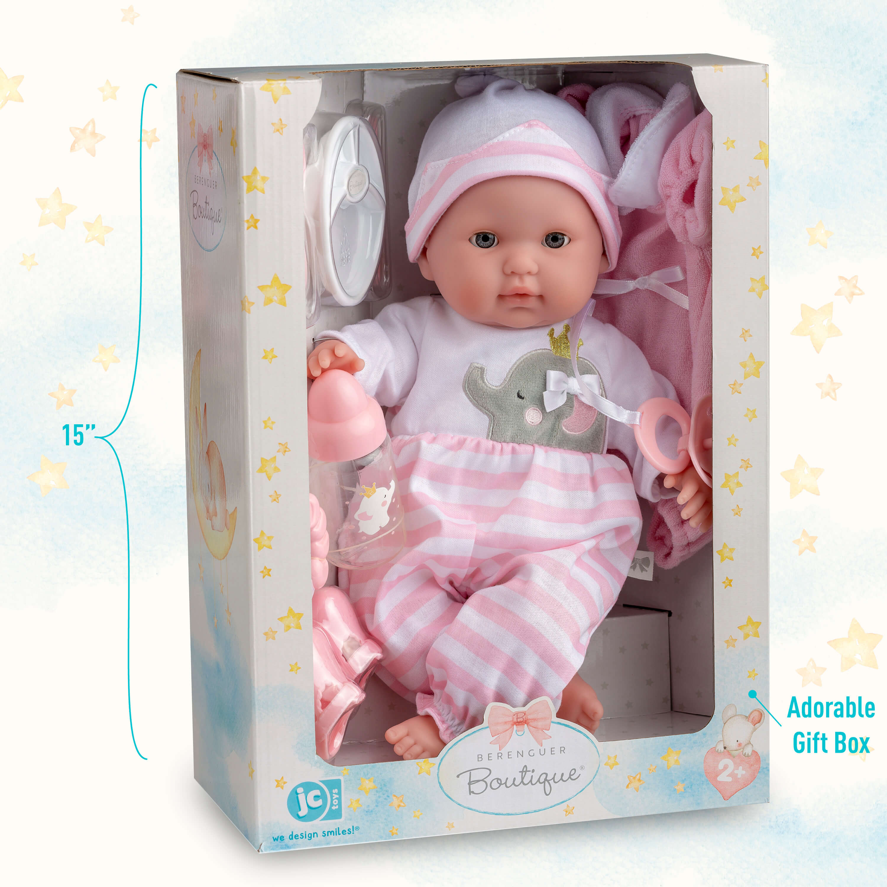 JC Toys Berenguer Boutique 15" Soft Body Baby Doll Gift Set, Open/Close Eyes in Pink