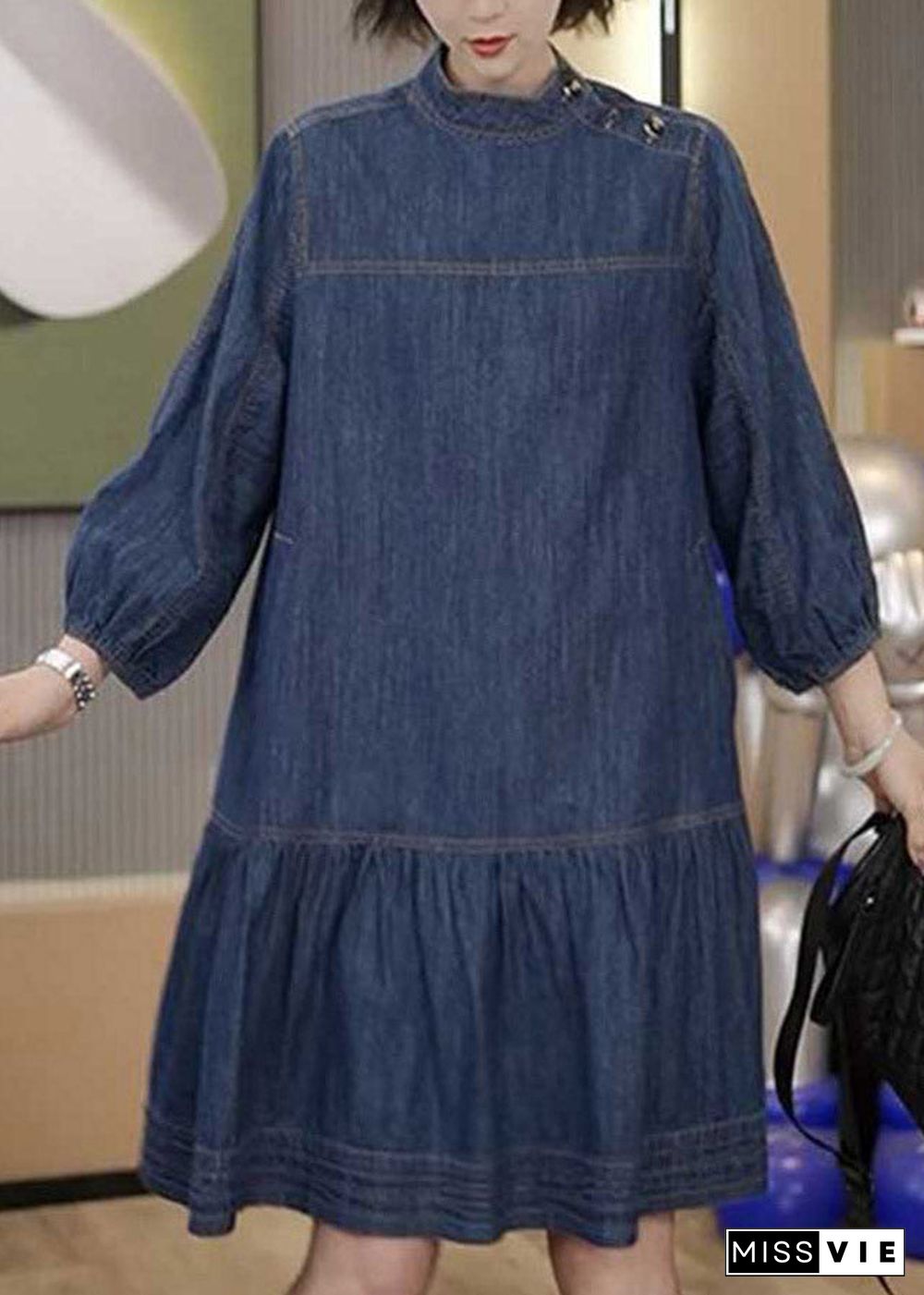 Plus Size Blue Patchwork Wrinkled Denim Mid Dresses Long Sleeve