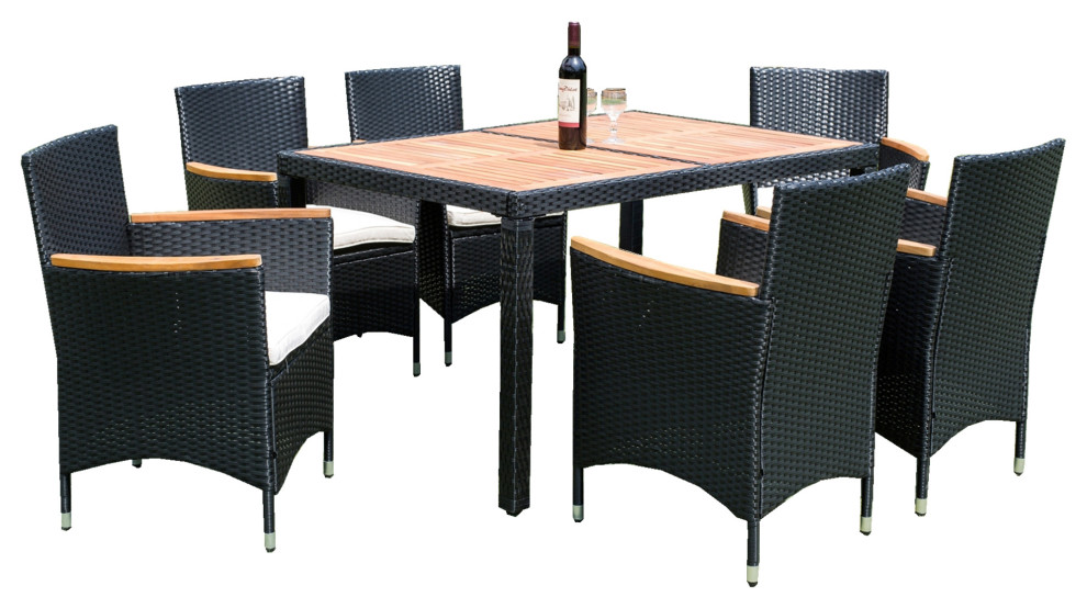 7 Pieces Outdoor Patio Wicker Furniture Dining Table Set With 6 Stools   Tropical   Outdoor Dining Sets   by AquaView Inc  Houzz