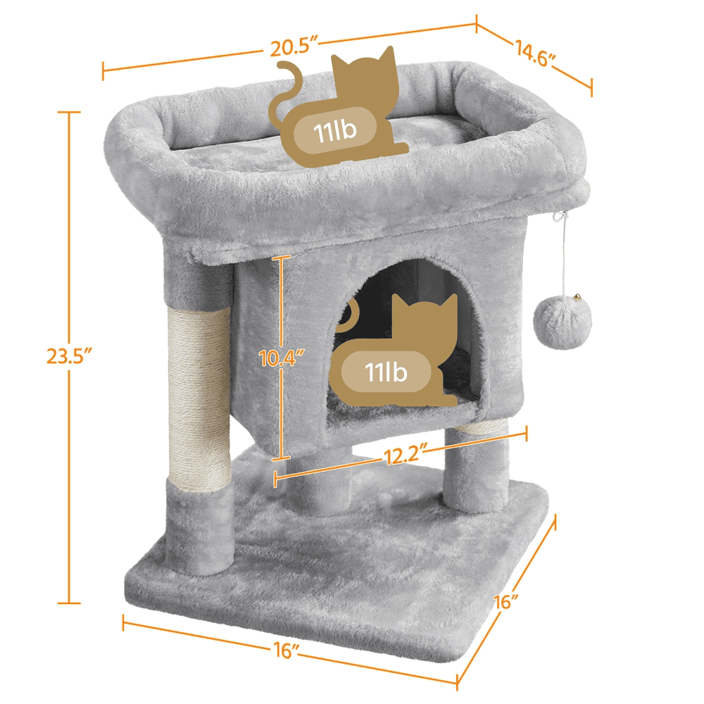 Easyfashion 2-Level Cat Tree Kitten Condo House with Plush Perch， Light Gray