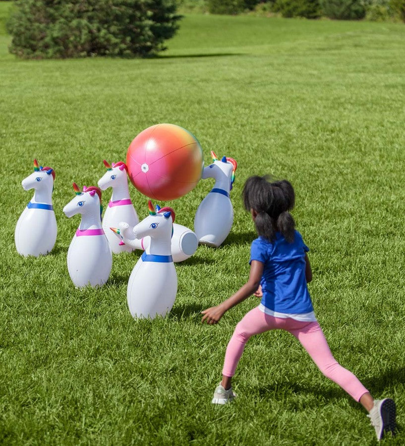 HearthSong Giant Inflatable Unicorn Bowling Set for Kids, with 6 Unicorn Pins and 1 Large Multi-Colored Ball