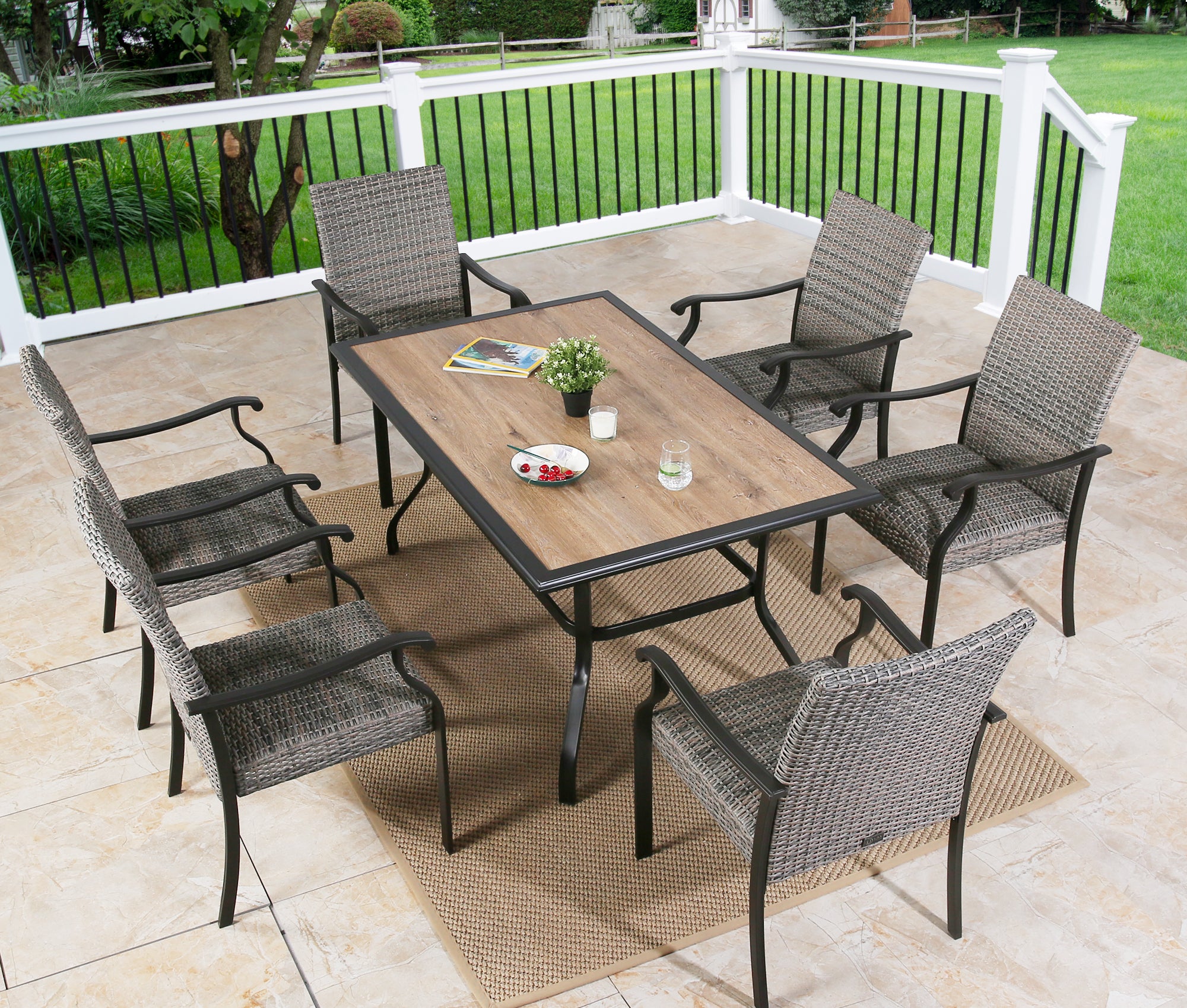 Ulax Furniture Patio Outdoor 61.5" Rectangular Dining Table, Metal Frame & Wood-Like Tabletop with 1.57” Umbrella Hole for 6 Person