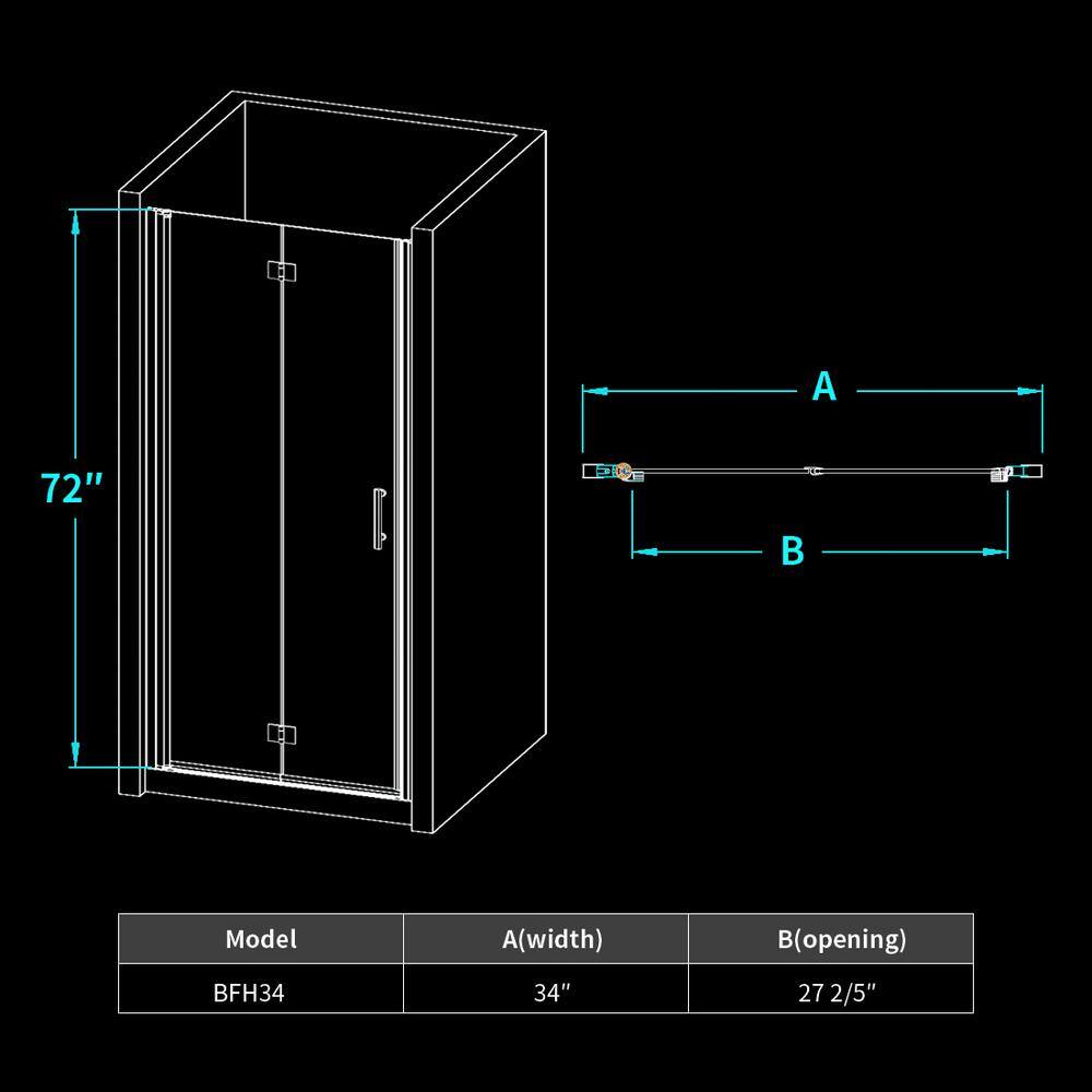 WELLFOR 34 in. x 72 in. Semi-Frameless Hinged Bathtub Bi-Fold Shower Door with Clear Glass and Handle in Chrome SWL-BFH34N