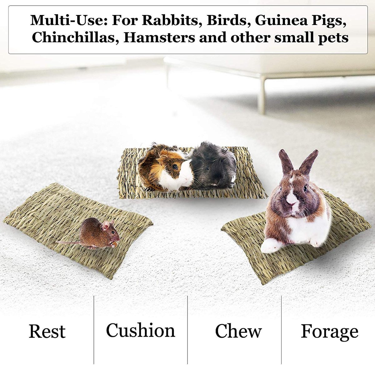 SunGrow Natural Grass Chew Mat and Hay Bedding Cage Rabbit， Guinea Pig， and Small Pet Accessories