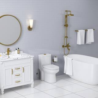 HOROW 1-piece 0.81.28 GPF High Efficiency Dual Flush Round Toilet in White with Seat Included and Brushed Gold Button HR-0033G