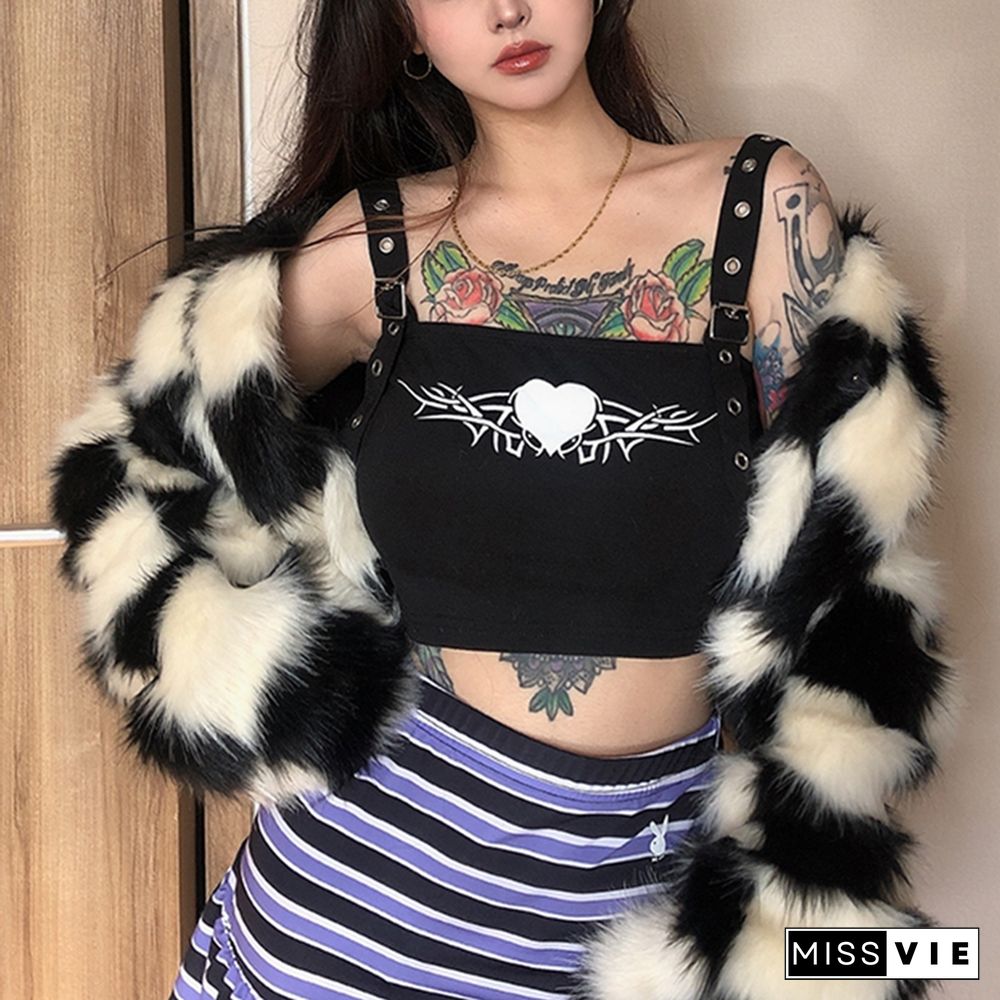 Gothic Crop Top Harajuku Heart Pattern Graphic T Shirts For Women Tee Anime Lolita Goth Sleeveless Camis Y2k Clothes