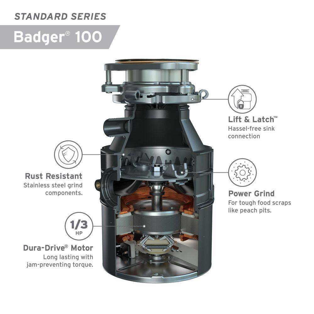 InSinkErator Badger 100 Lift  Latch Standard Series 13 HP Continuous Feed Garbage Disposal BADGER 100