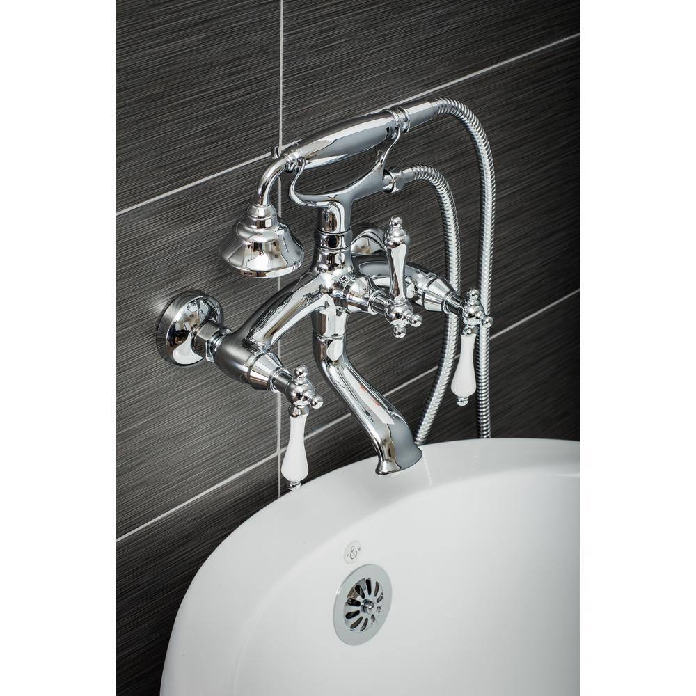 PELHAM  WHITE Vintage Style 3-Handle Wall Mount Claw Foot Tub Faucet with Porcelain Levers and Handshower in Chrome PW825218-P-PC