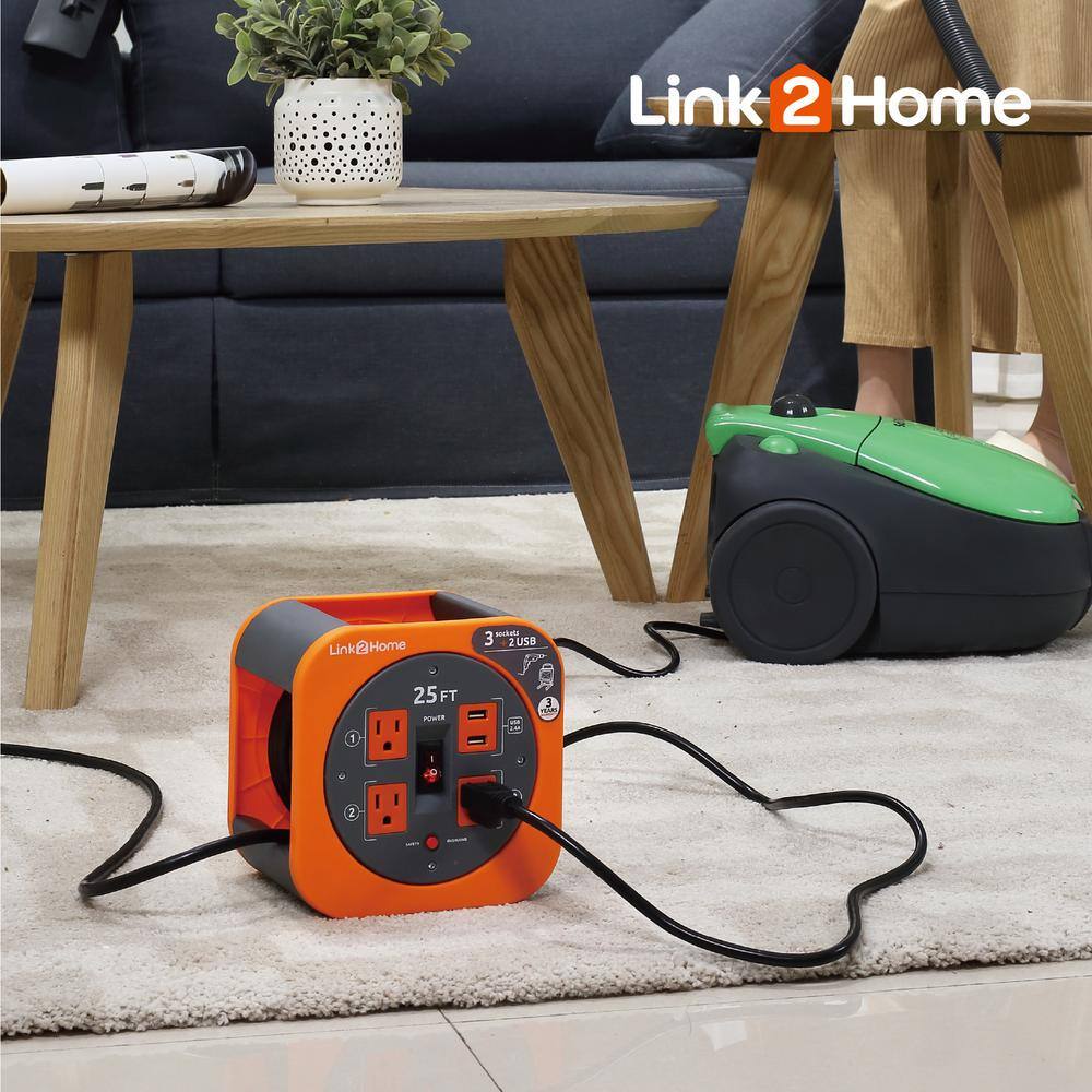 Link2Home 25 ft. 163 Extension Cord Storage Reel with 3 Grounded Outlets 2 USB 3.4 Amp and Overload Reset Button EM-EL-275E