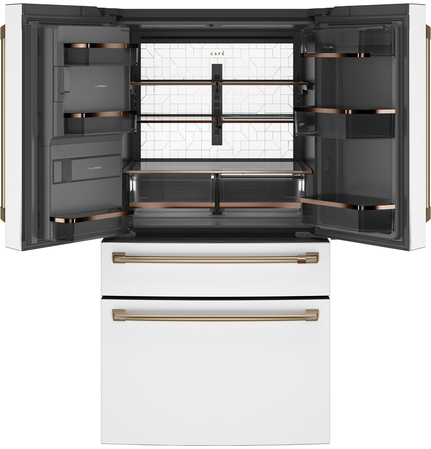 Cafe ENERGY STAR 27.6 Cu. Ft. Matte White With Brushed Bronze Smart 4-Door French-Door Refrigerator