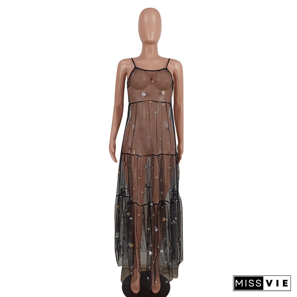 Sexy Suspender Sequin Mesh Yarn Dress